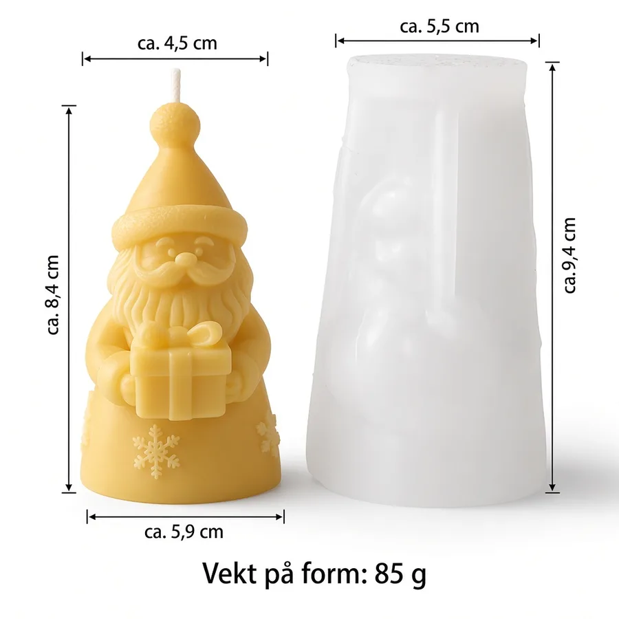 Silikonform til nisselys – julenisse med gave, med mål på lys og form